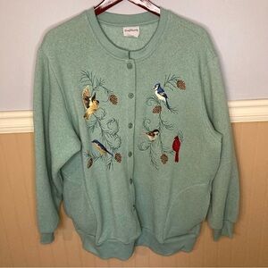 Vintage Bon Worth Embroidered Birds Knit Cardigan Grandmacore Blue Green